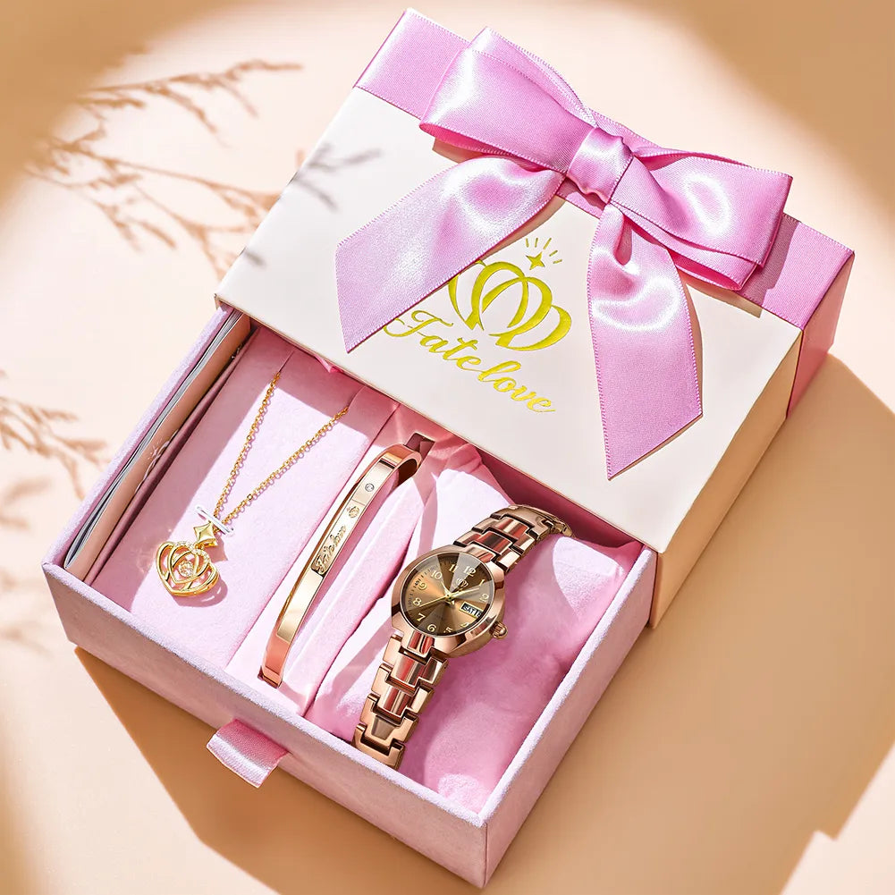 Coffret ensemble montre et bijoux pour femme raffinés.