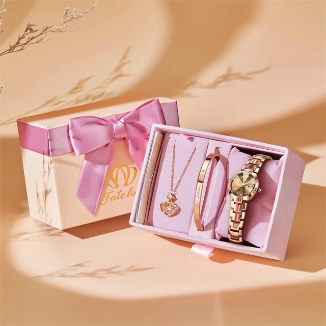 Coffret ensemble montre et bijoux pour femme raffinés.